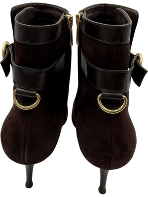 Gianvito Rossi Chocolate Brown Suede & Leather Buckle Booties – Size 39.5