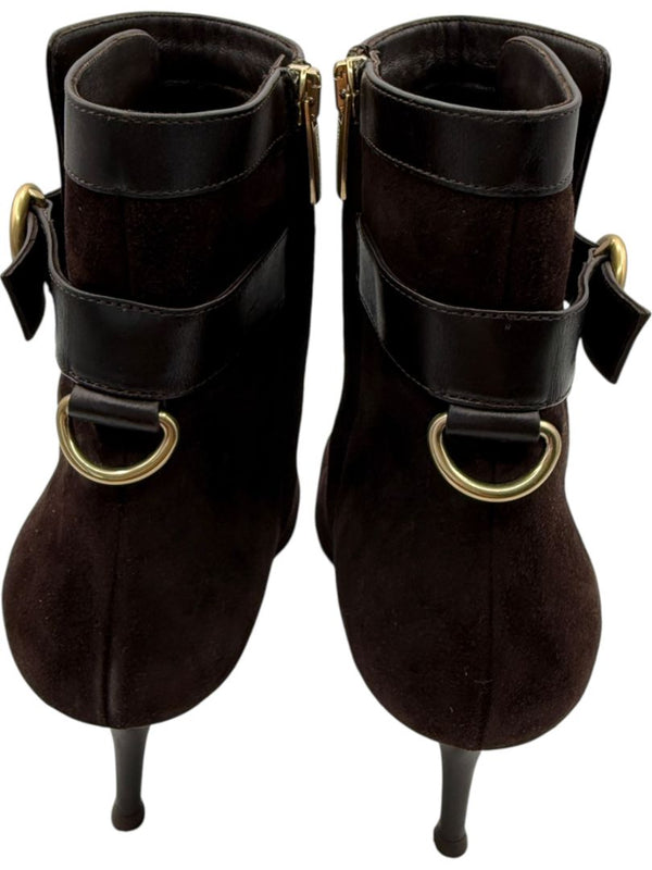 Gianvito Rossi Chocolate Brown Suede & Leather Buckle Booties – Size 39.5
