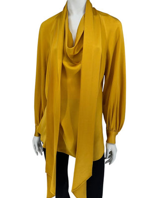 Oscar de la Renta Golden Silk Scarf-Neck Blouse – Size 4
