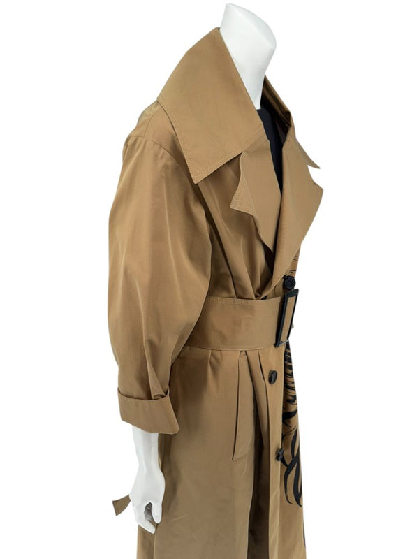 Oscar de la Renta Sand Trench Coat with Black Palm Print – Size 6