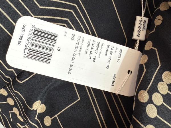 Akris Punto Black & Sand Silk Circuit Print Bow Blouse – Size 10