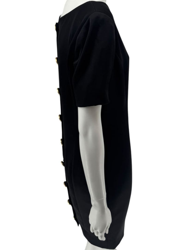 Pamella Roland Black Back Button Shift Dress with Gold Hardware - Large