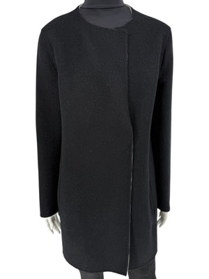 Pamella Roland Black Wool Blend Long Coat Minimalist Hidden Snap Closure - Large