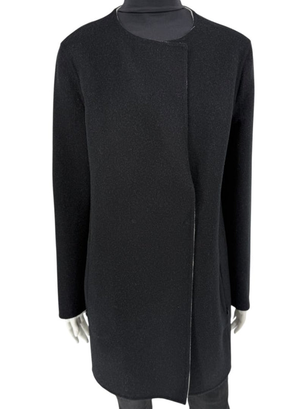 Pamella Roland Black Wool Blend Long Coat Minimalist Hidden Snap Closure - Large
