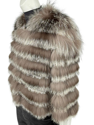 Pamella Roland Taupe Silver Fur Cape Style Jacket with Lace Trim – Sample Size Fits Like Large