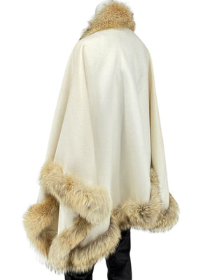 Pamella Roland Ivory Wool Cape Jacket with Natural Fur Trim – O/S