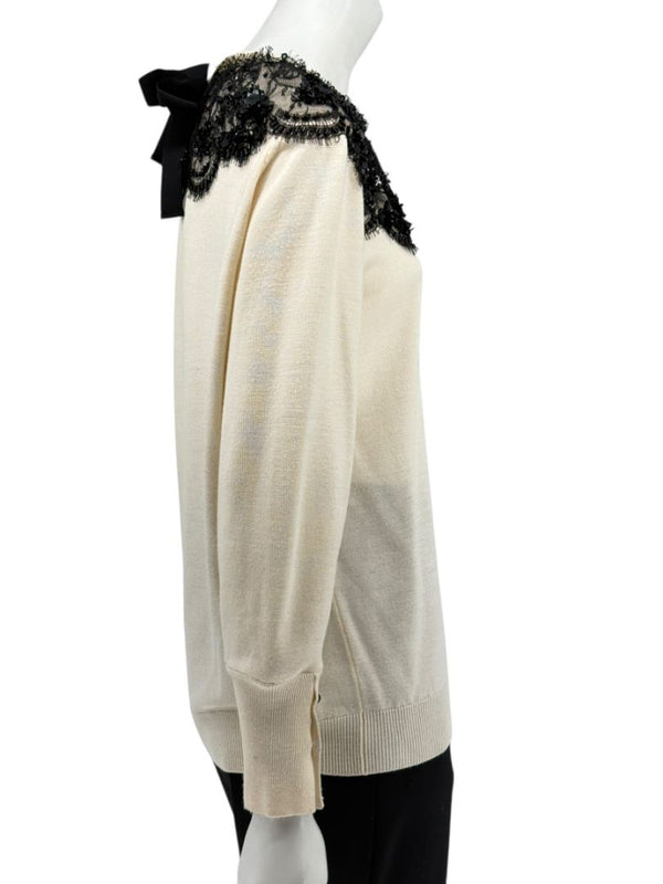Oscar de la Renta Ivory Knit Sweater with Black Lace Embellished Collar – Size XL