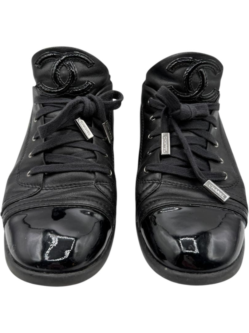 Chanel Black Leather & Patent Cap Toe Sneakers – Size 40