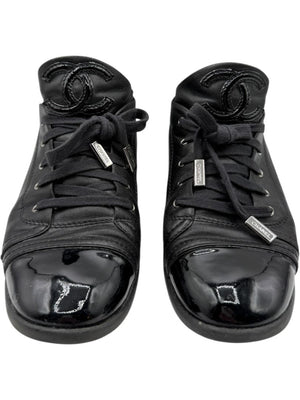 Chanel Black Leather & Patent Cap Toe Sneakers – Size 40