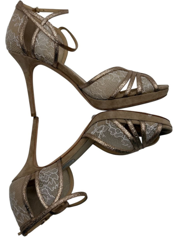 Jimmy Choo Champagne Lace & Glitter Ankle Strap Sandals – Size 39