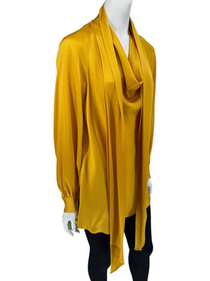 Oscar de la Renta Golden Silk Scarf-Neck Blouse – Size 4