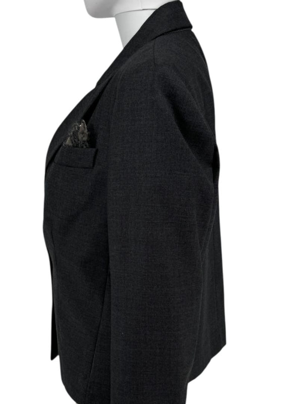 Brunello Cucinelli Charcoal Gray Virgin Wool Cropped Blazer with Monili Trim – Size IT 44
