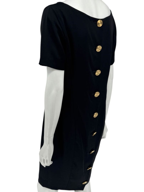 Pamella Roland Black Back Button Shift Dress with Gold Hardware - Large
