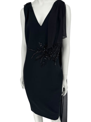 Pamella Roland Black Embellished One-Shoulder Cocktail Dress with Chiffon Drape – Large