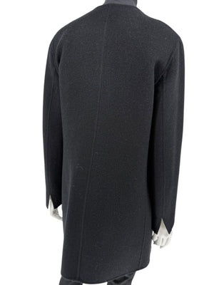 Pamella Roland Black Wool Blend Long Coat Minimalist Hidden Snap Closure - Large