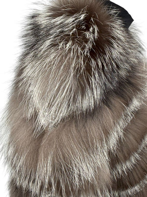 Pamella Roland Taupe Silver Fur Cape Style Jacket with Lace Trim – Sample Size Fits Like Large