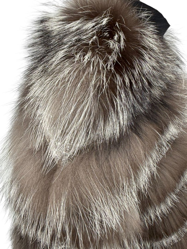 Pamella Roland Taupe Silver Fur Cape Style Jacket with Lace Trim – Sample Size Fits Like Large