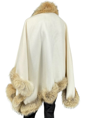 Pamella Roland Ivory Wool Cape Jacket with Natural Fur Trim – O/S