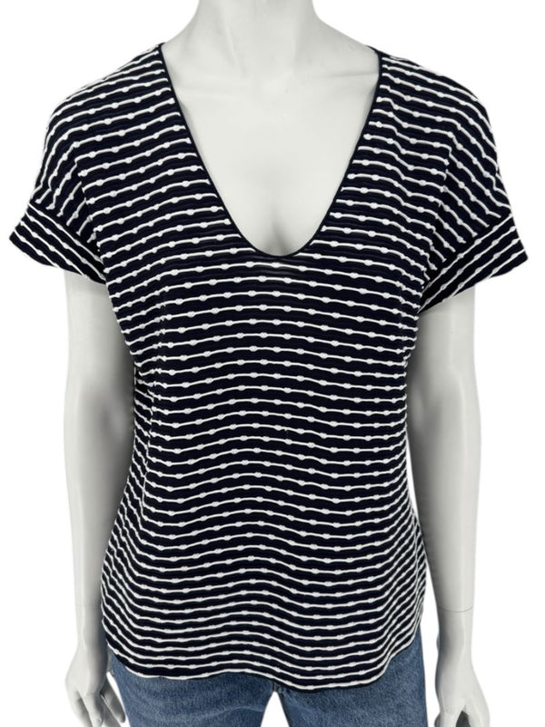 Armani Collezioni Made in Italy Navy & White Textured Stripe V-Neck Top – Size 12