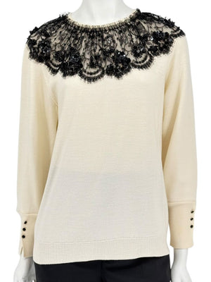 Oscar de la Renta Ivory Knit Sweater with Black Lace Embellished Collar – Size XL
