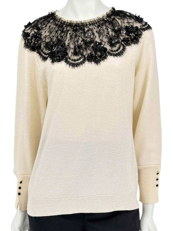 Oscar de la Renta Ivory Knit Sweater with Black Lace Embellished Collar – Size XL