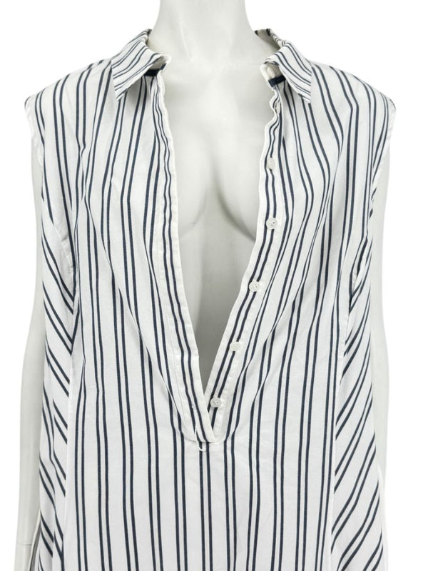 Lafayette 148 New York White & Navy Striped Sleeveless Shirtdress with Self-Tie Belt – Size XXL
