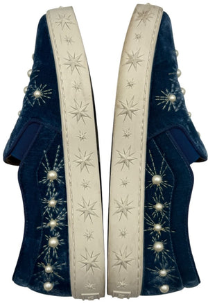 Aquazzura 'Cosmic Pearls' Slip-On Sneakers in Ocean Blue Velvet – Size 37 – Good Preowned Condition