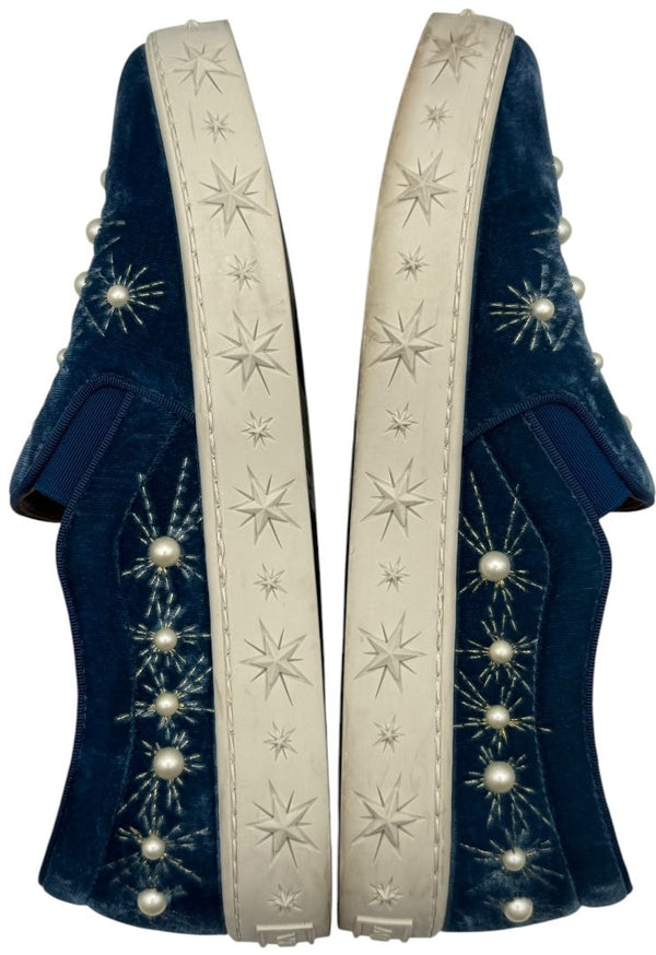 Aquazzura 'Cosmic Pearls' Slip-On Sneakers in Ocean Blue Velvet – Size 37 – Good Preowned Condition