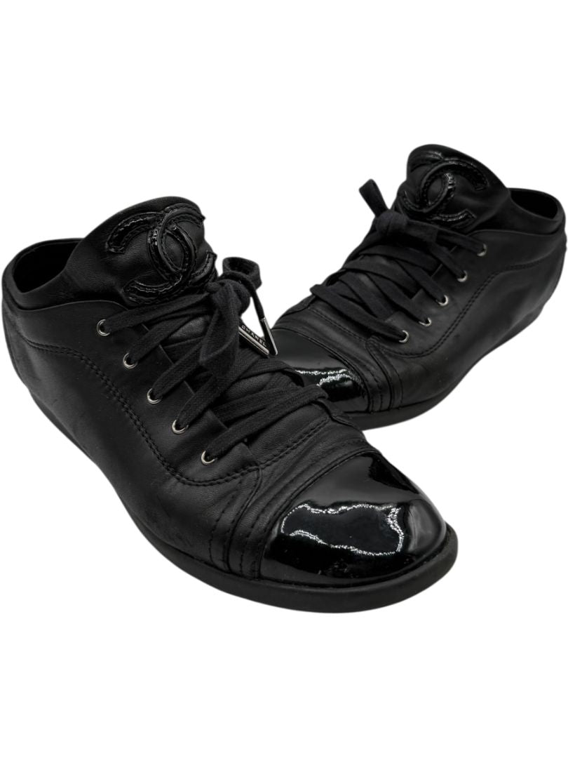 Chanel Black Leather & Patent Cap Toe Sneakers – Size 40