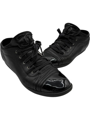 Chanel Black Leather & Patent Cap Toe Sneakers – Size 40