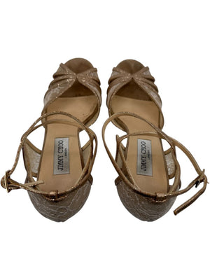 Jimmy Choo Champagne Lace & Glitter Ankle Strap Sandals – Size 39