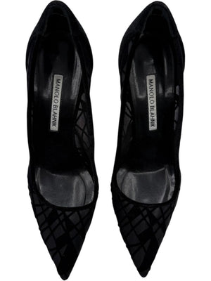 Manolo Blahnik Black Velvet & Mesh Geometric Pumps – Size 39.5