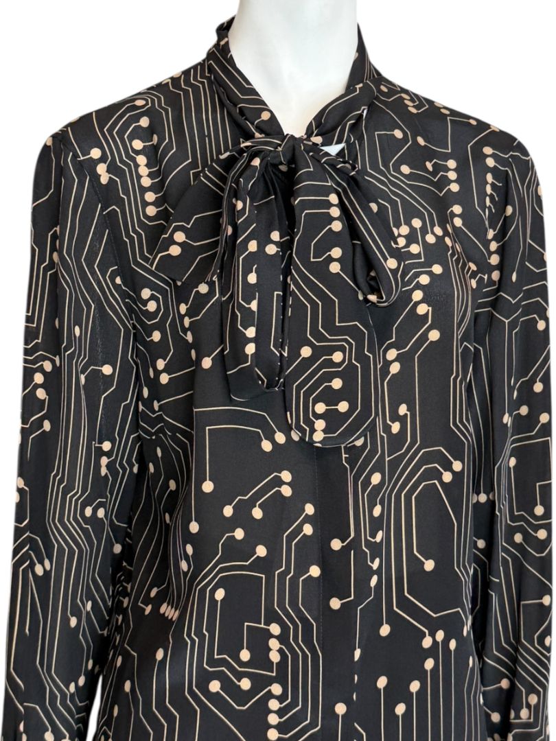 Akris Punto Black & Sand Silk Circuit Print Bow Blouse – Size 10