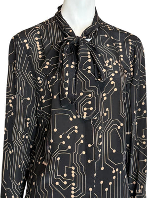 Akris Punto Black & Sand Silk Circuit Print Bow Blouse – Size 10