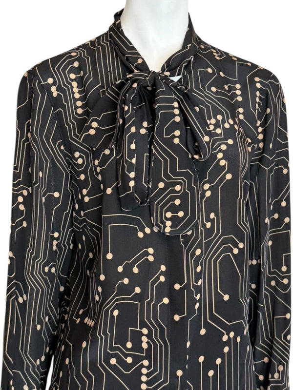 Akris Punto Black & Sand Silk Circuit Print Bow Blouse – Size 10