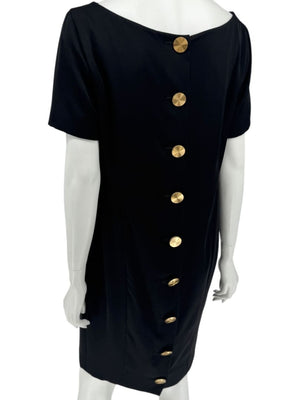 Pamella Roland Black Back Button Shift Dress with Gold Hardware - Large