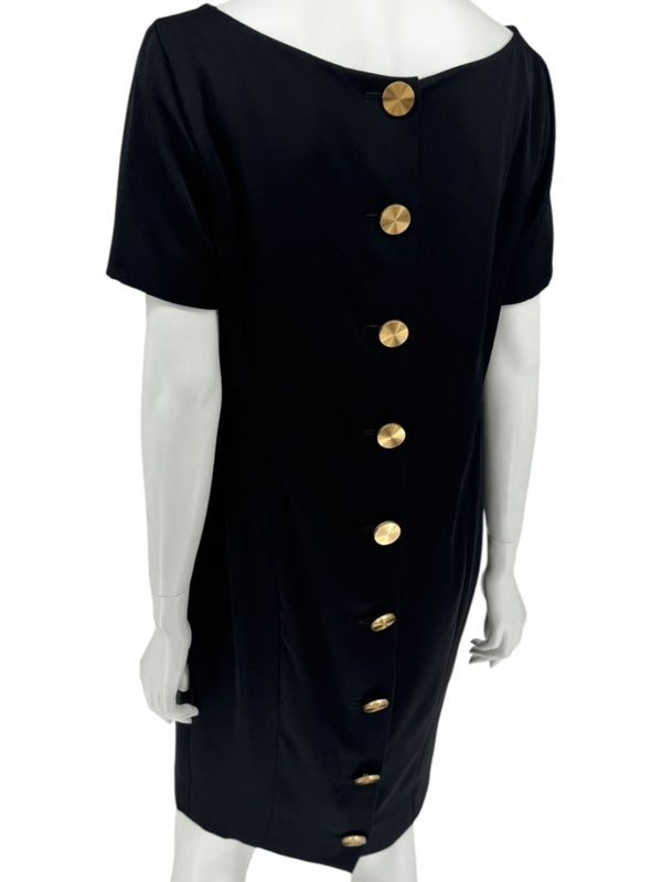 Pamella Roland Black Back Button Shift Dress with Gold Hardware - Large