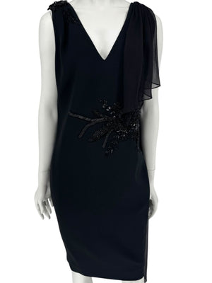 Pamella Roland Black Embellished One-Shoulder Cocktail Dress with Chiffon Drape – Large