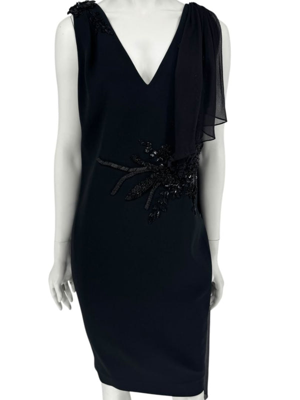 Pamella Roland Black Embellished One-Shoulder Cocktail Dress with Chiffon Drape – Large