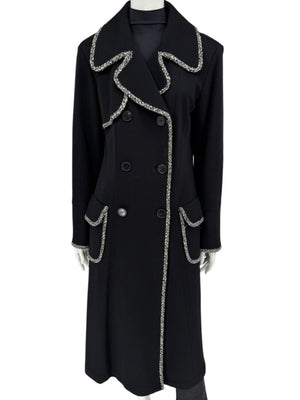 Lida Baday Black Wool Long Coat with Metallic Braid Trim – Size 12