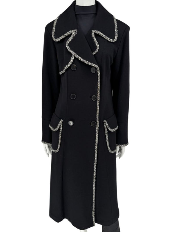Lida Baday Black Wool Long Coat with Metallic Braid Trim – Size 12