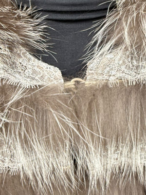 Pamella Roland Taupe Silver Fur Cape Style Jacket with Lace Trim – Sample Size Fits Like Large