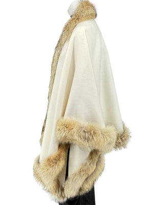 Pamella Roland Ivory Wool Cape Jacket with Natural Fur Trim – O/S
