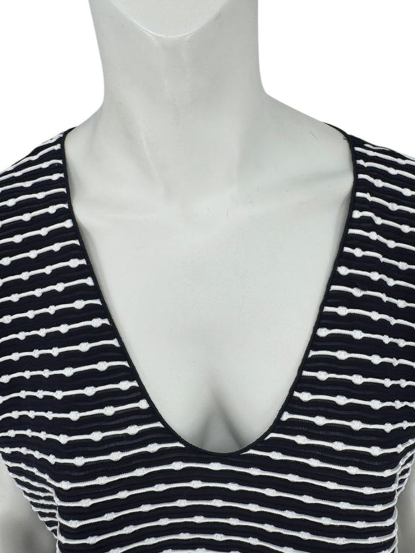 Armani Collezioni Made in Italy Navy & White Textured Stripe V-Neck Top – Size 12