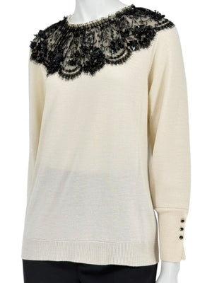 Oscar de la Renta Ivory Knit Sweater with Black Lace Embellished Collar – Size XL