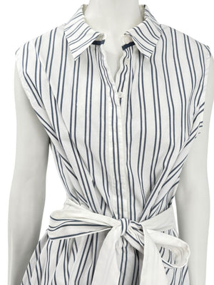 Lafayette 148 New York White & Navy Striped Sleeveless Shirtdress with Self-Tie Belt – Size XXL