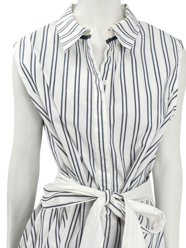 Lafayette 148 New York White & Navy Striped Sleeveless Shirtdress with Self-Tie Belt – Size XXL