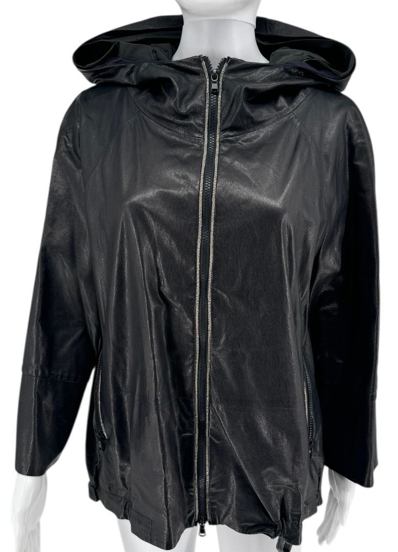 Brunello Cucinelli Blue/Black Leather Hooded Jacket – Size IT 42 (US 6)