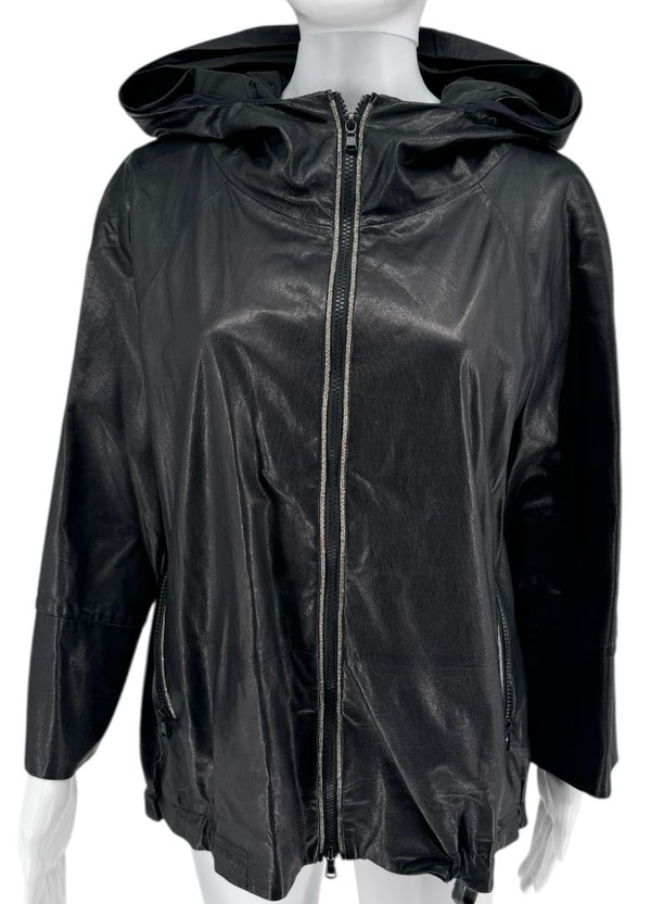 Brunello Cucinelli Blue/Black Leather Hooded Jacket – Size IT 42 (US 6)
