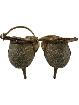 Jimmy Choo Champagne Lace & Glitter Ankle Strap Sandals – Size 39